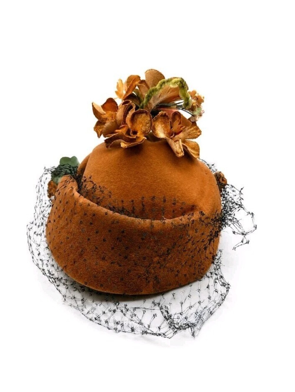 Vintage Jacques Fath Paris Lesseré Brown Velour Floral Veiled Hat Fascinator